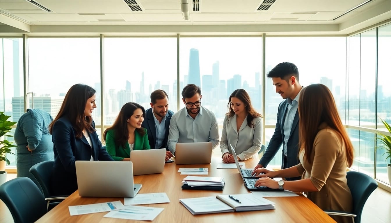 Job in Chicago seekers discussing listing options in a bright modern office setting.