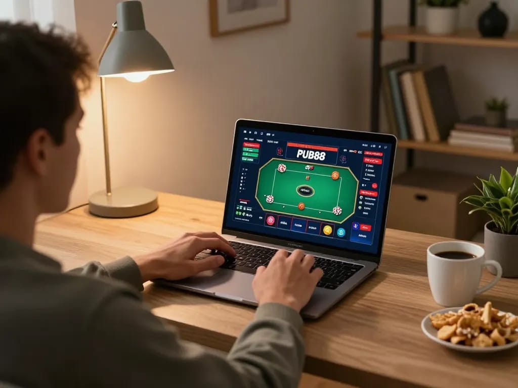 Exciting gameplay at Nhà cái PUB88, showing immersive online poker session on a laptop.