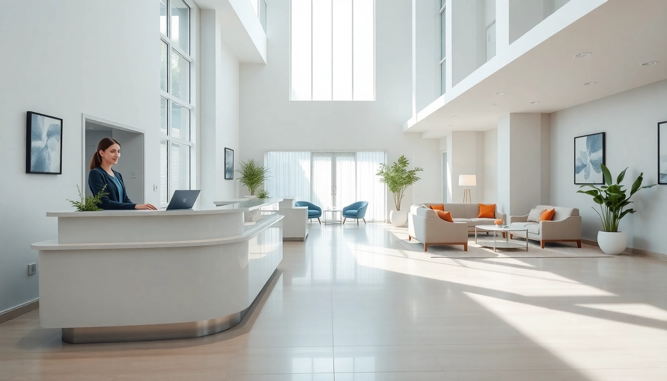 Accommodations featuring a modern lobby with inviting decor and natural light.