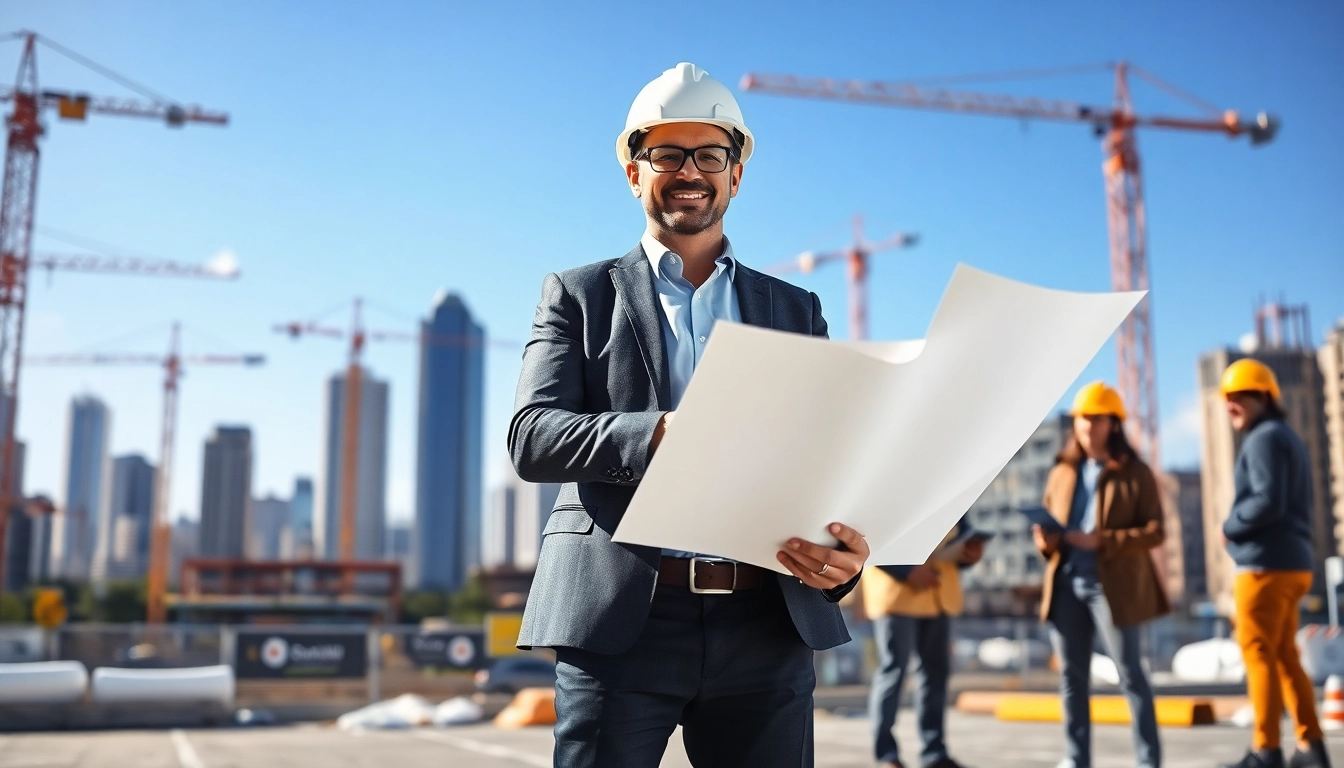 Real Estate Developer reviewing blueprints at an urban construction site with cranes and a bright skyline.