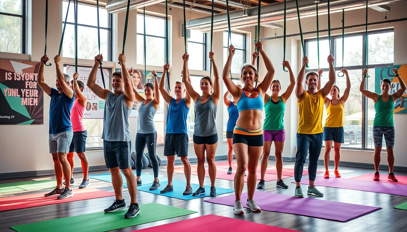 Individuals using stretch bands for pull-ups in a vibrant gym setting.