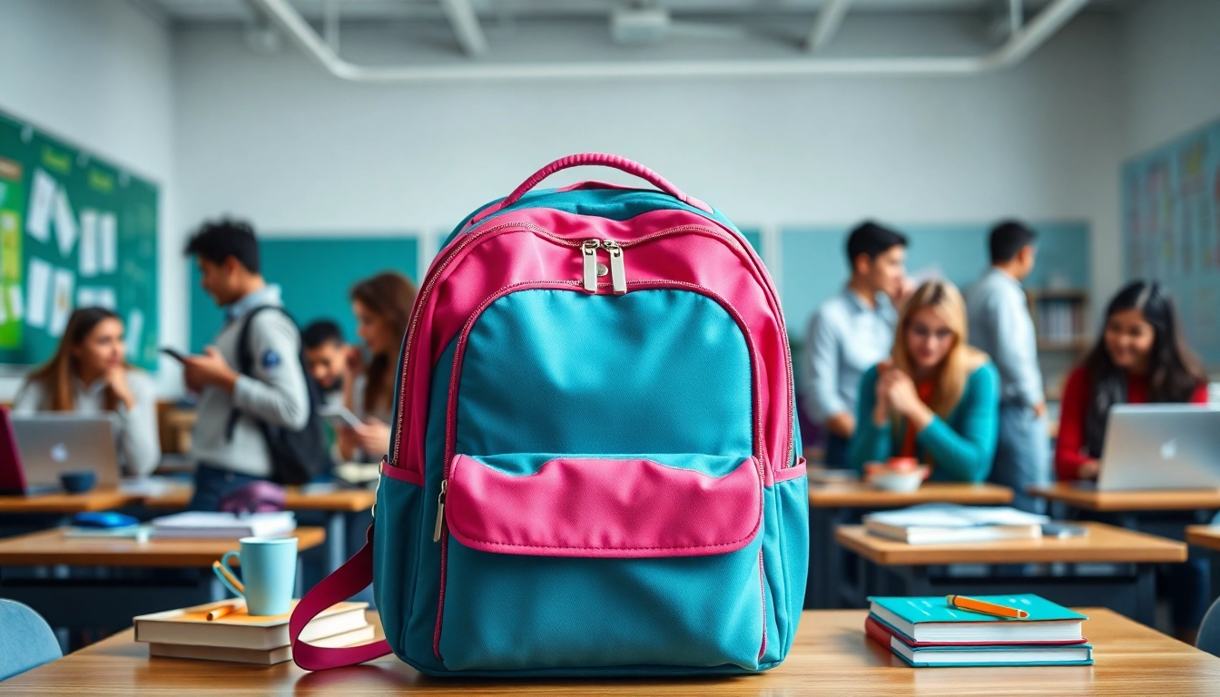 Handtasche für Schulen mit bunten Designs und stilvollen Details im Klassenzimmer.