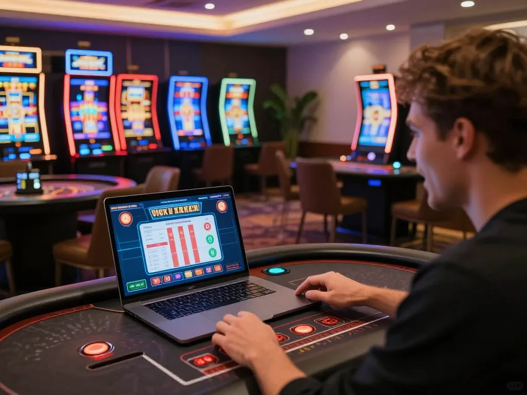 Player engaging with tt88 online casino game on laptop, highlighting exciting gameplay and modern gaming atmosphere.
