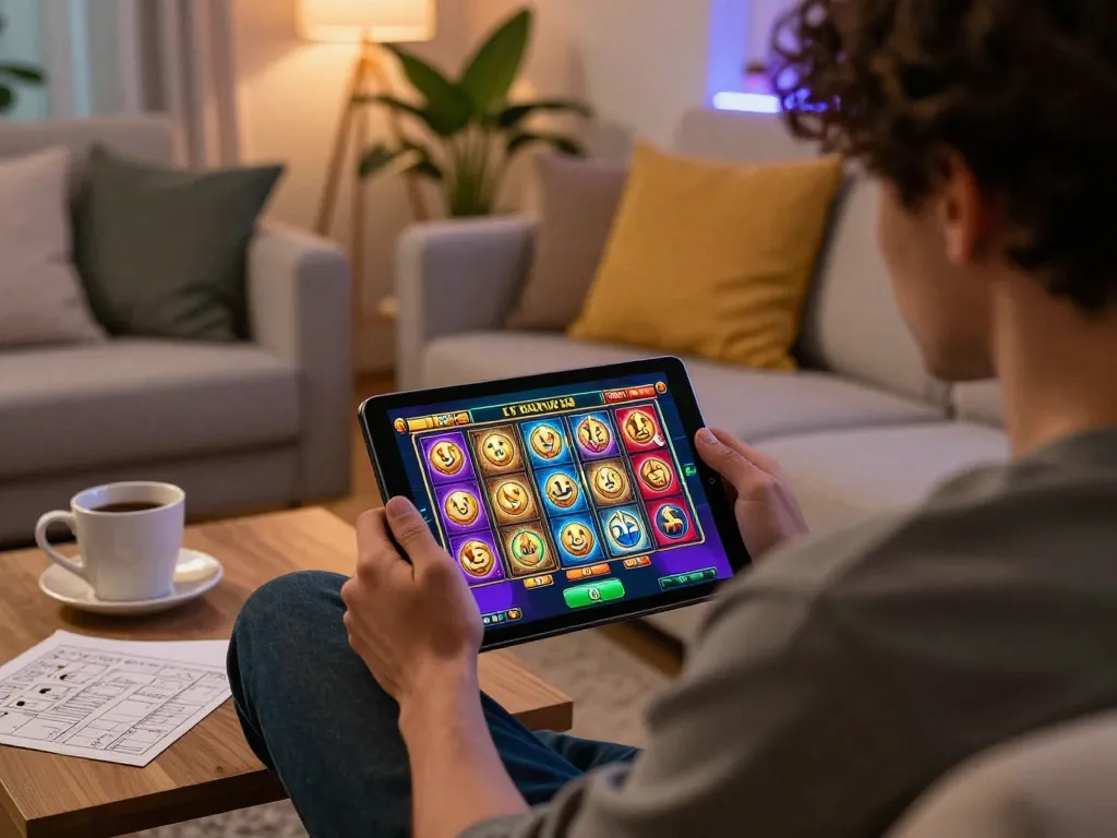 Engaging in link slot gaming on a tablet in a cozy, stylish home setting