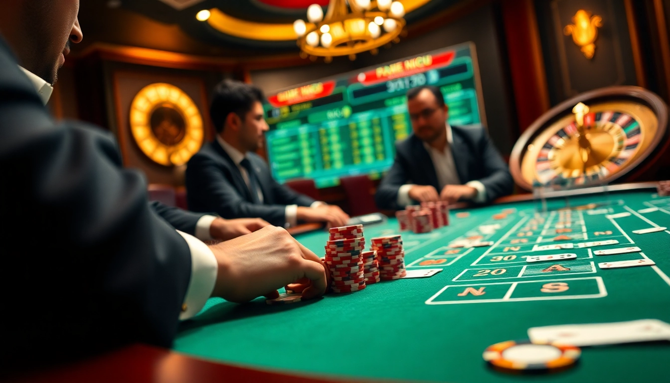 Découvrez l'excitation du casino fiable en ligne avec une scène de poker luxueuse mettant en vedette des joueurs captivants et un décor élégant.