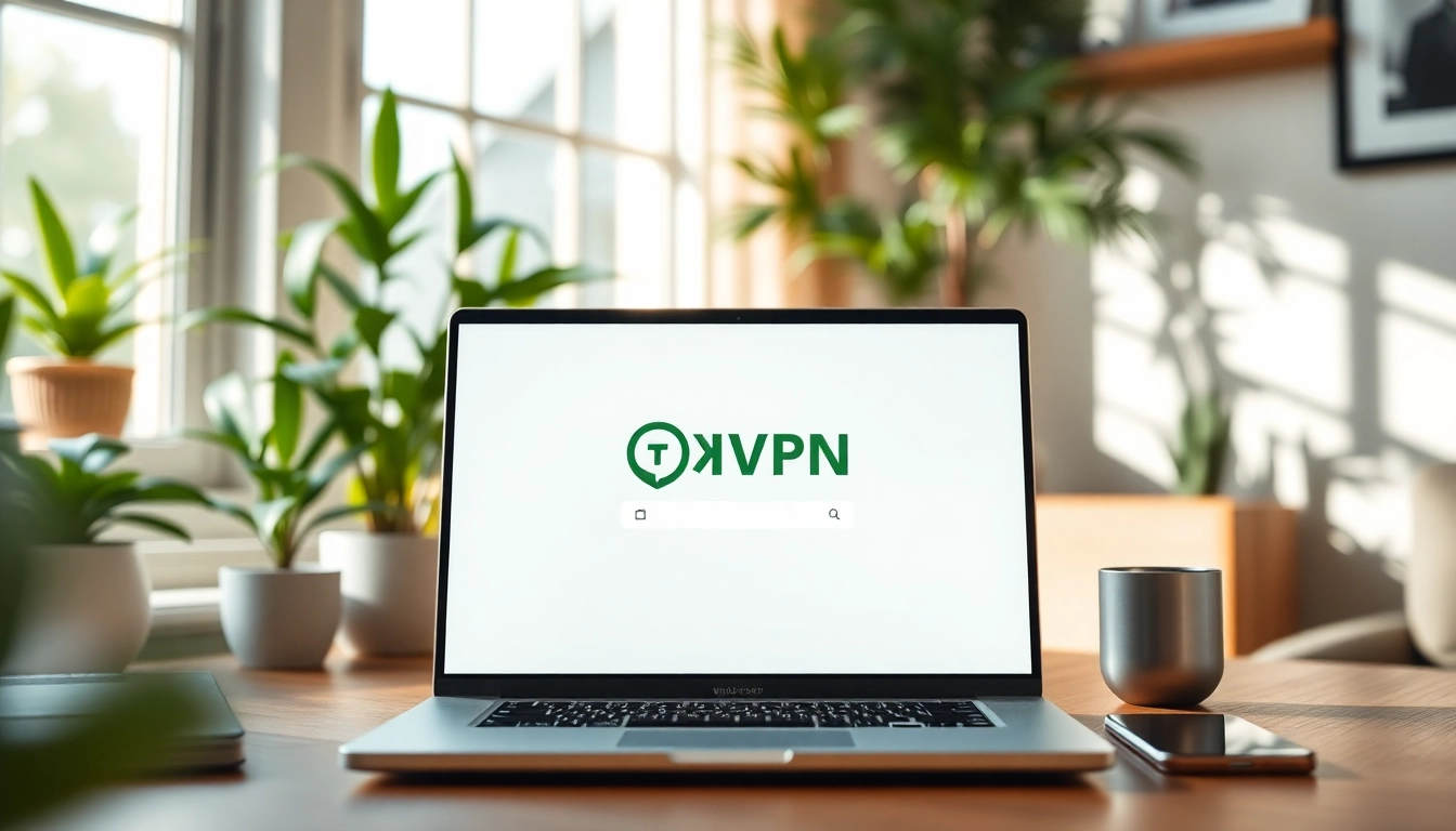 在舒适的家庭办公环境中，笔记本电脑上显示的快连VPN界面。