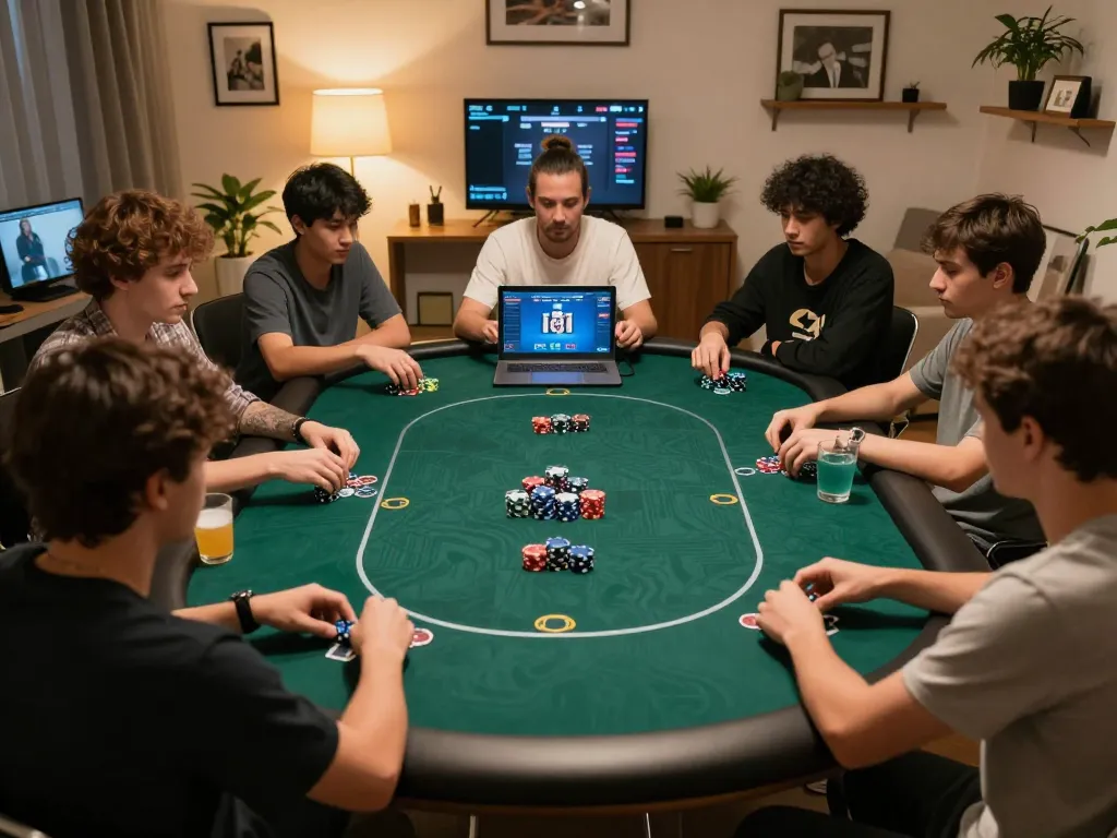 Bergabung dalam permainan poker online di rumah, para pemain merancang strategi dengan chip dan kartu sambil menikmati suasana yang hidup.