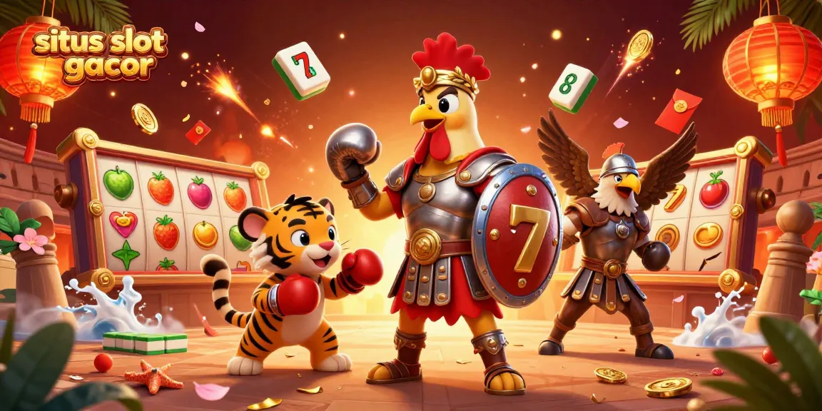 Experience the thrill of situs slot gacor with an epic 3D scene featuring gladiators and casino elements.
