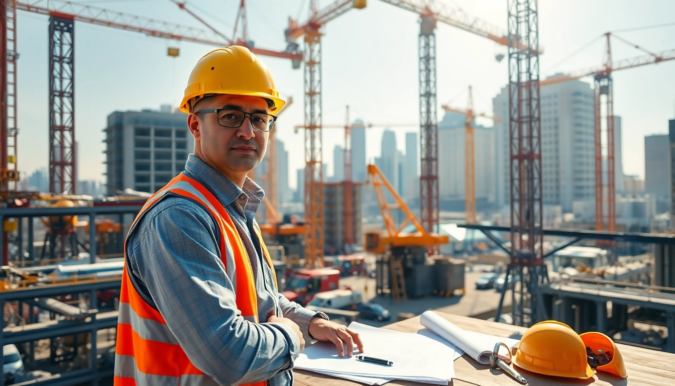 Manhattan Construction Manager overseeing a bustling construction site with detailed teamwork and machinery.