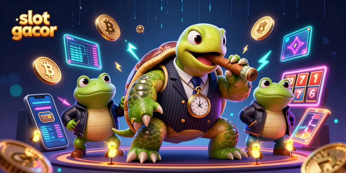 Experience slot gacor excitement with a cartoon turtle in a vintage suit, flanked by bullfrogs!