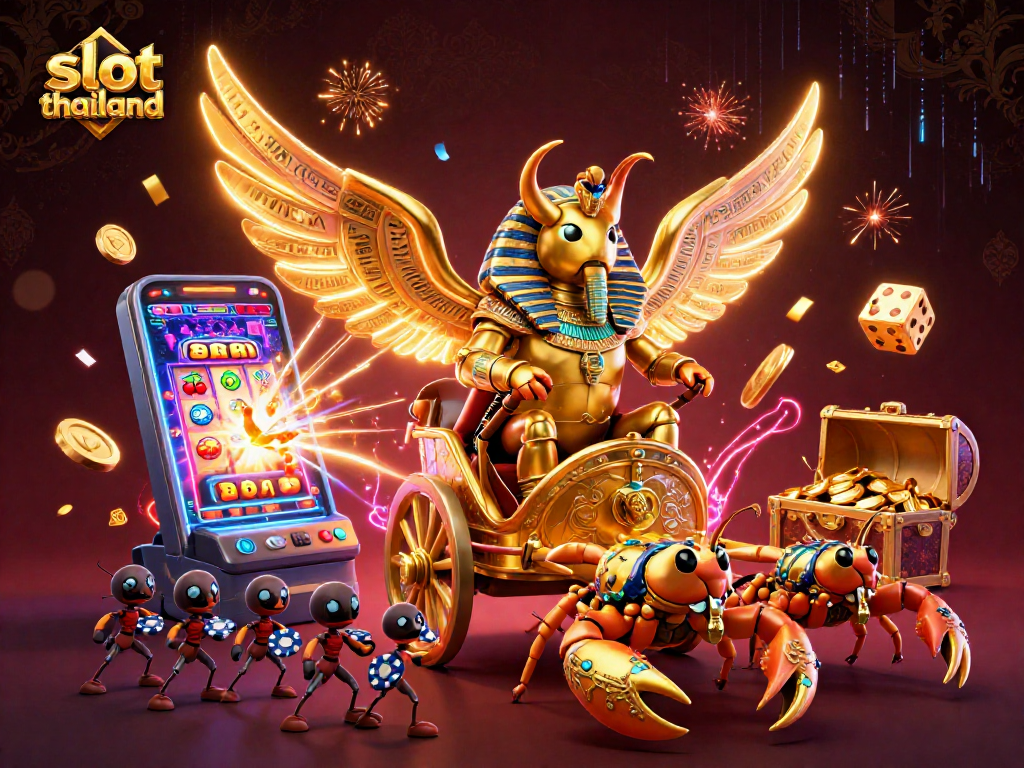Experience thrilling slot thailand adventures with a golden scarab beetle and dazzling casino elements.