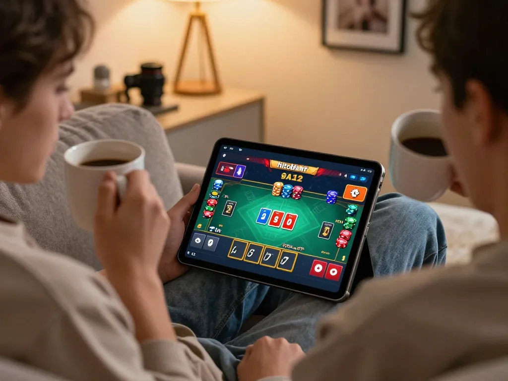 Engage with hitclubapk through vibrant mobile gaming on a cozy couch.