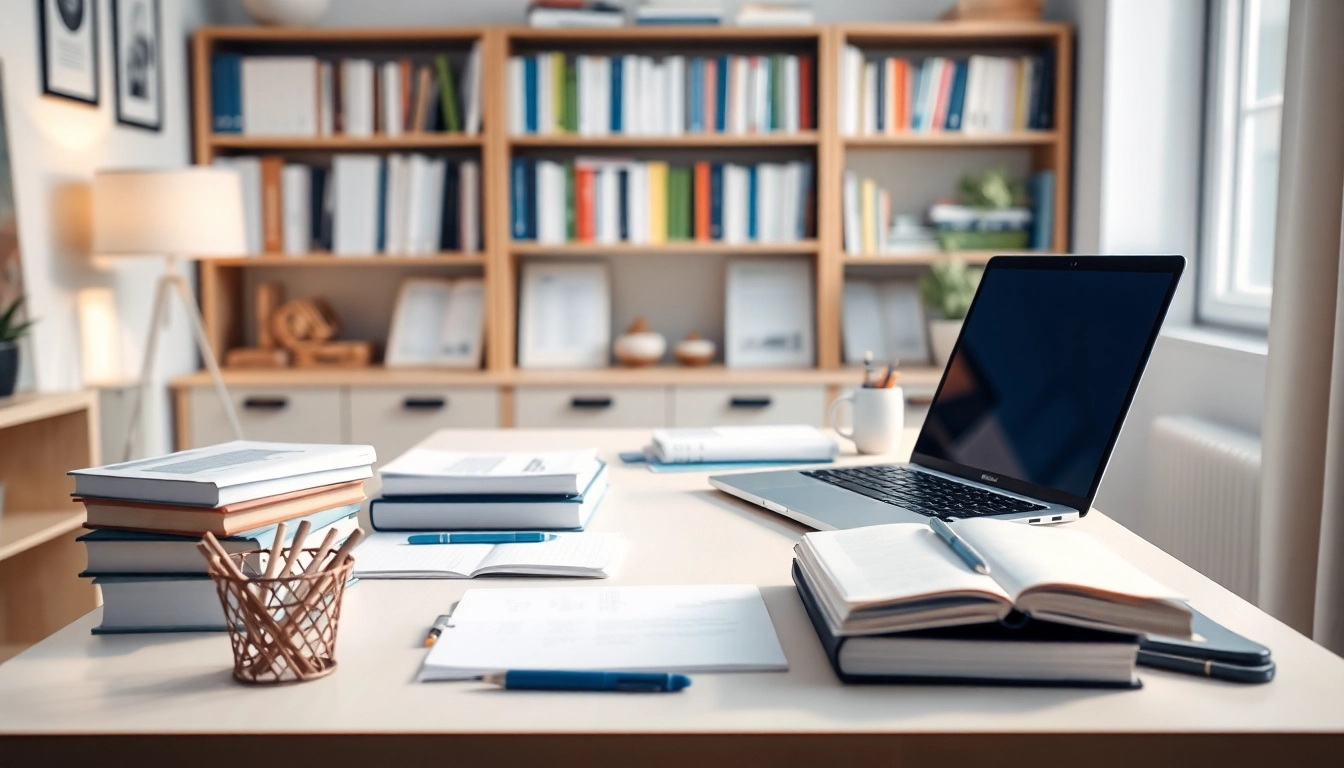 Engaging illustration of remote exam assistance setup in a cozy office with essential study tools.