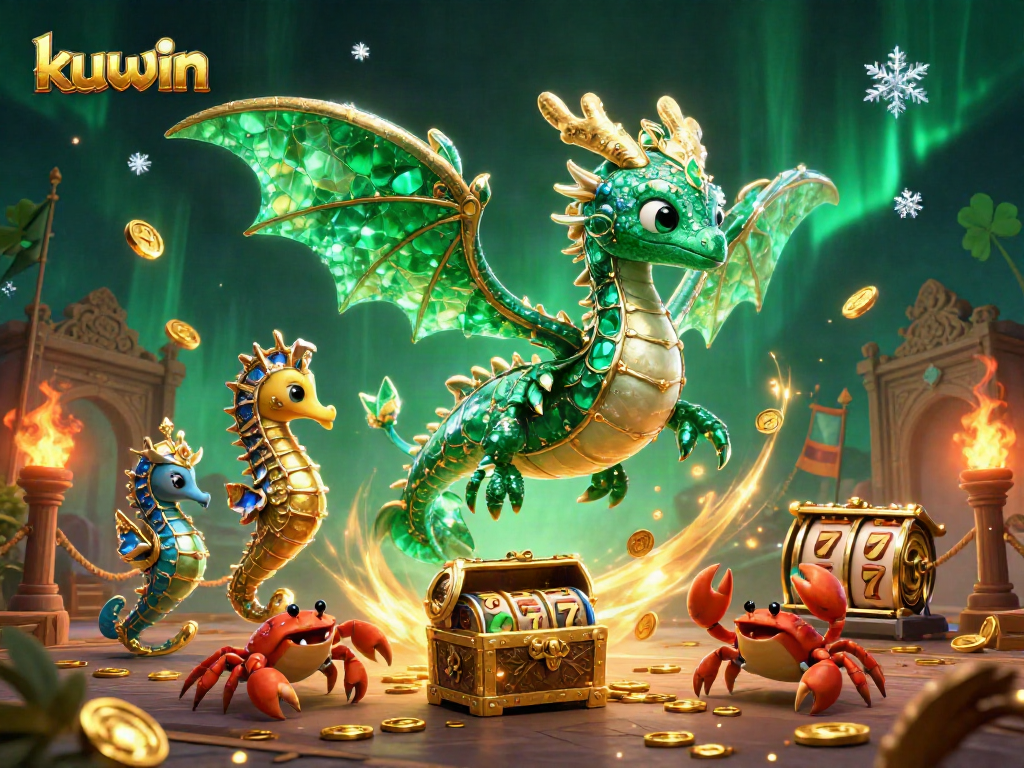 Kuwin challenges players with an exciting 3D casino adventure featuring a sea dragon, slot reels, and gold coins.