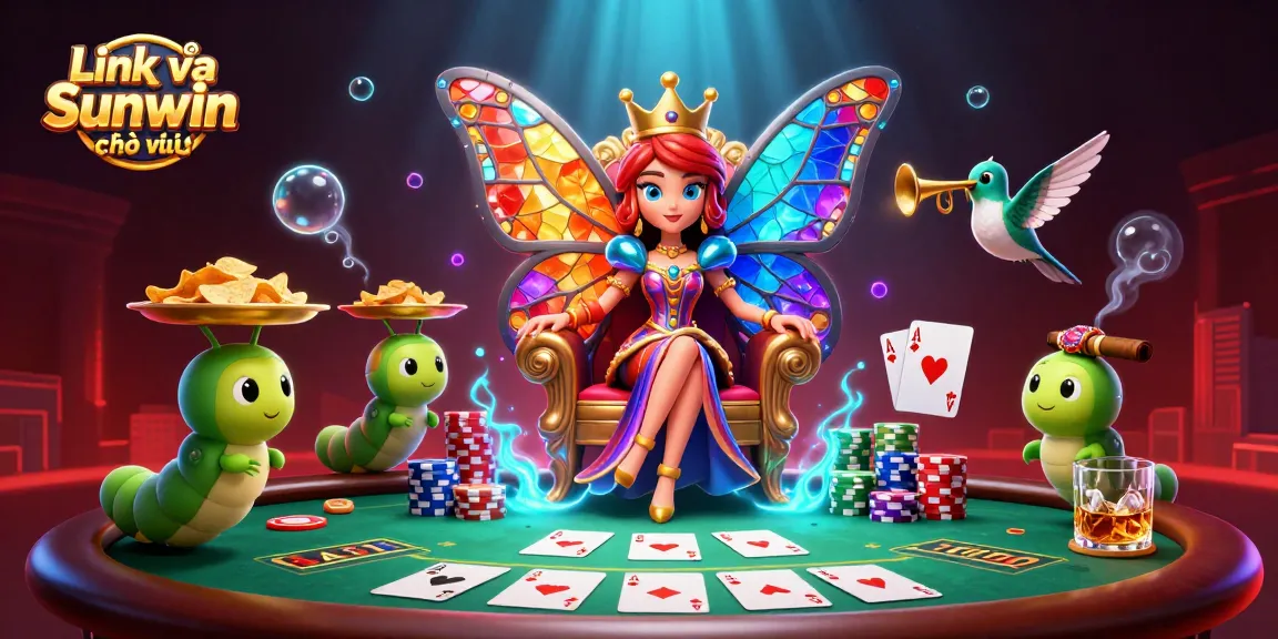 Experience the excitement with Link vào Sunwin chính thức, featuring a vibrant casino scene with a butterfly queen and poker elements.