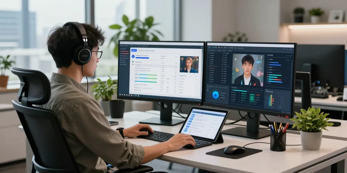 AI image detector software interface on dual monitors in a modern office.