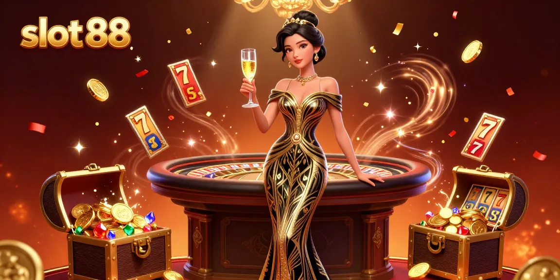 Engage with the exciting slot 88 experience featuring vibrant gold coins and playful game elements in a dynamic casino scene.