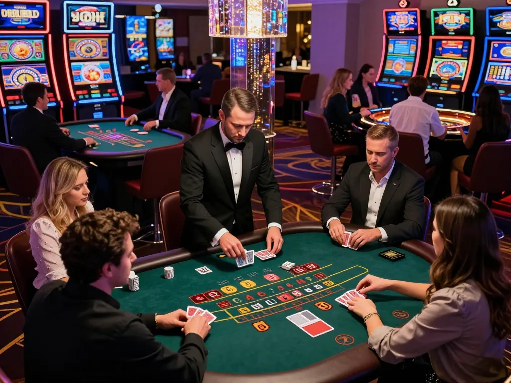 Players engaging at the blackjack table in an upscale casino, embodying the 888 VI gaming experience.