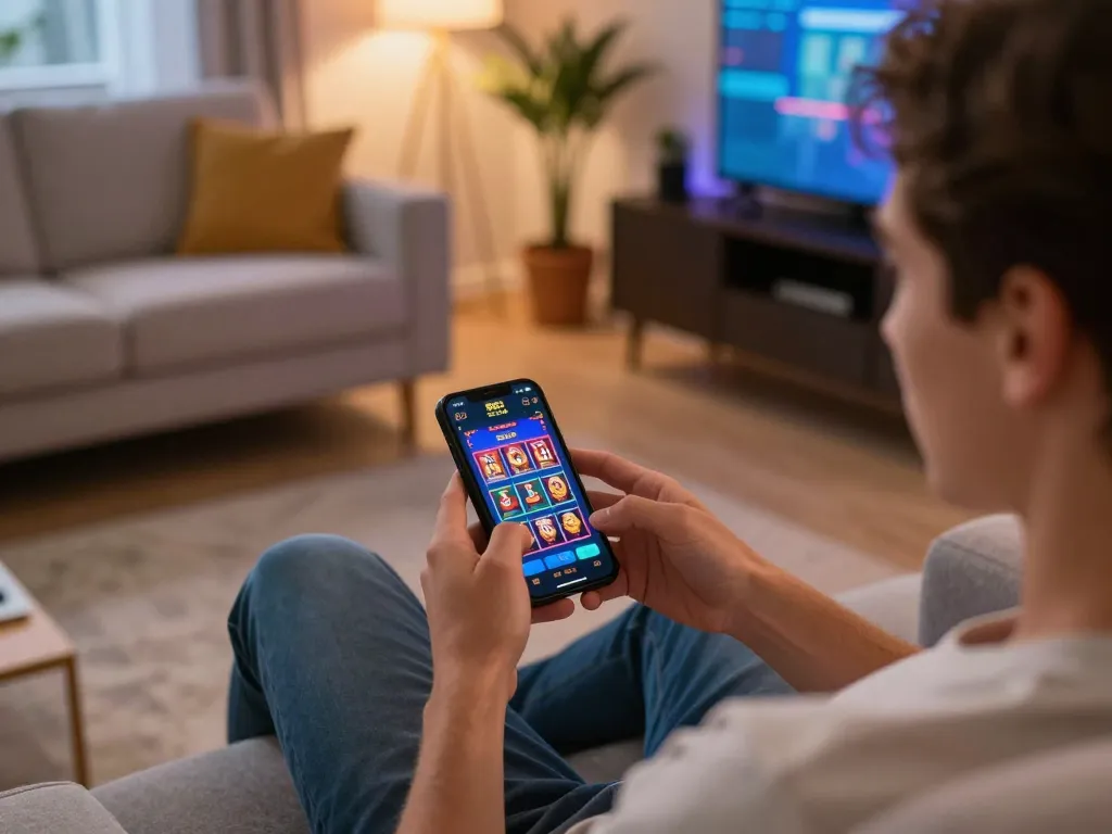 B52 club user engaged in online gambling on smartphone while enjoying a cozy home atmosphere.