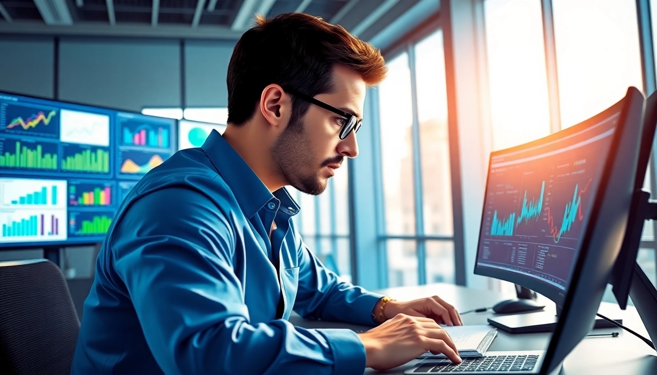 Analyze competitive intelligence data in a modern office with dynamic graphs.
