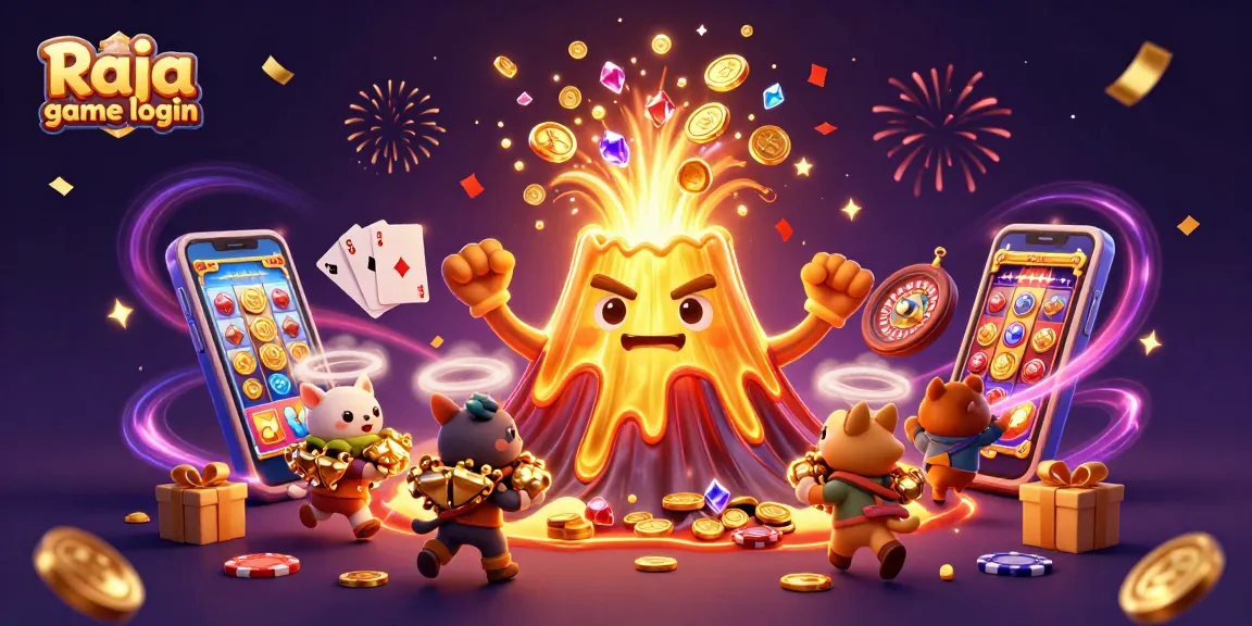 Experience the excitement of Raja game login with a vibrant 3D illustration of gaming action, treasures, and rewards.