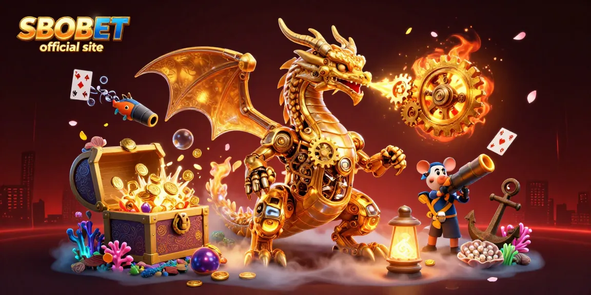 SBOBET official site features a vibrant scene with a golden dragon and gems representing online gambling excitement.