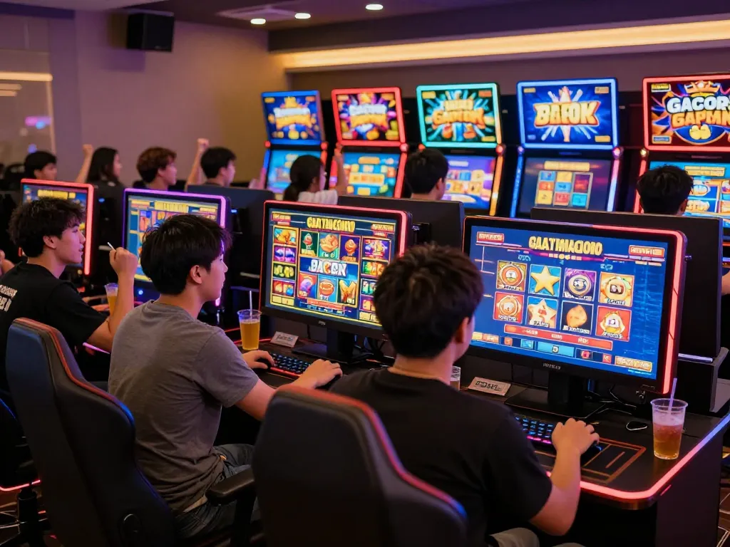 Players enjoying slot gacor hari ini with colorful graphics and dynamic atmosphere