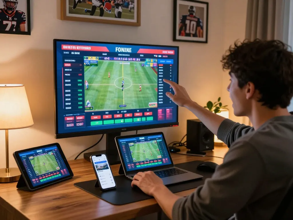 Engaging sports betting scene showcasing Canada online casinos reddit on a home office setup, featuring live game betting screens.