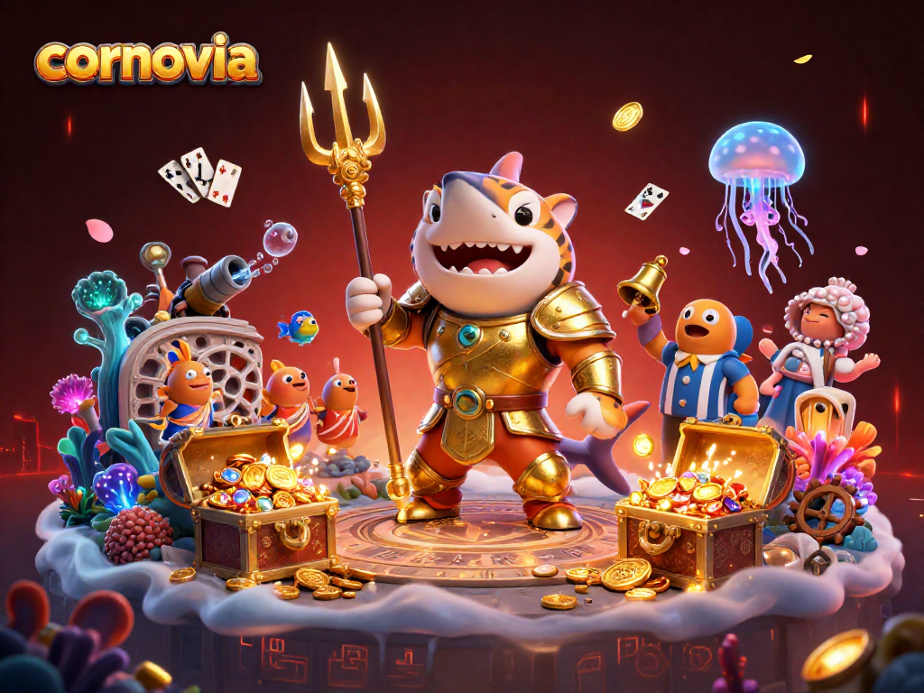 Cornovia showcases an action-packed underwater casino scene featuring a tiger shark gladiator and casino elements.