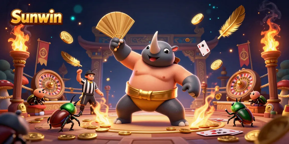 Experience the thrill of Sunwin as the sumo beetle champion stomps coins in a vibrant live casino scene.