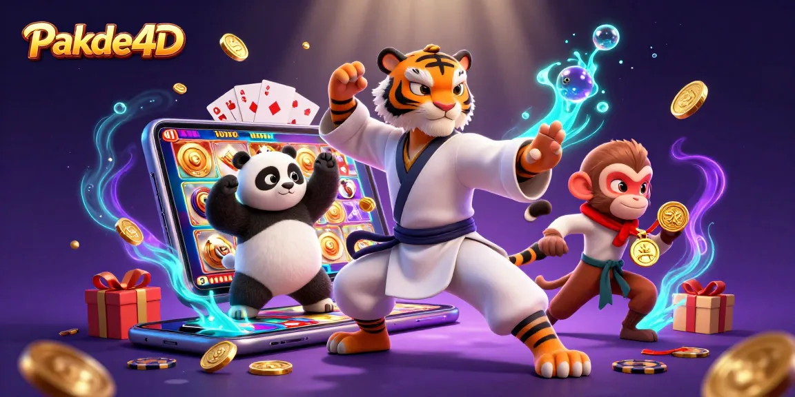 Engage with Pakde4D as playful characters celebrate winning moments with vibrant casino elements.