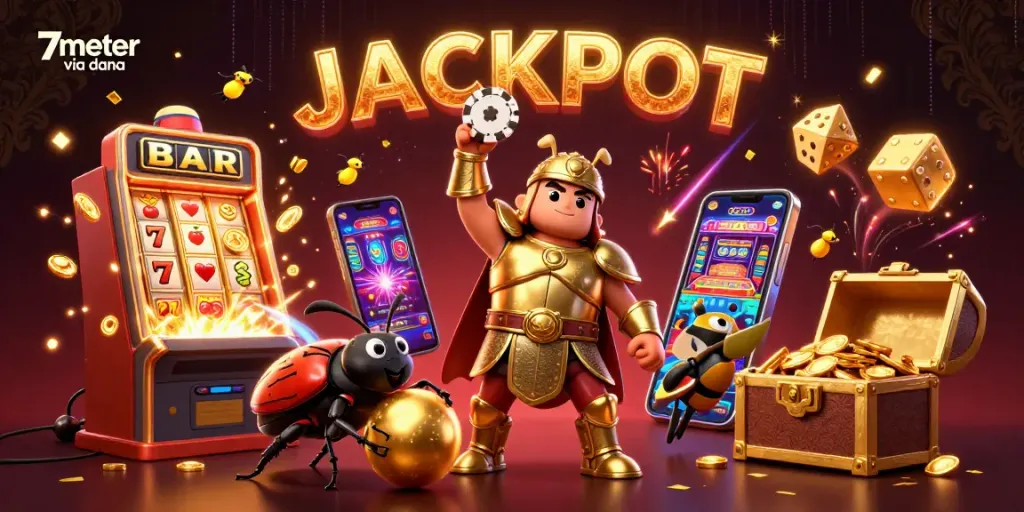 Win big with 7meter via dana in this vibrant 3D casino scene featuring jackpot excitement.