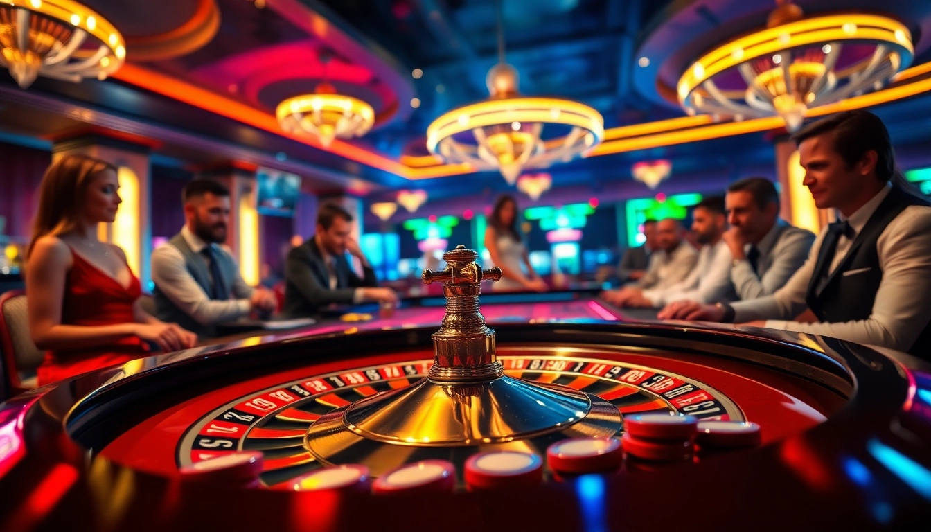Main players at the Planet77 APK casino, enjoying an exciting roulette game surrounded by vibrant lights.
