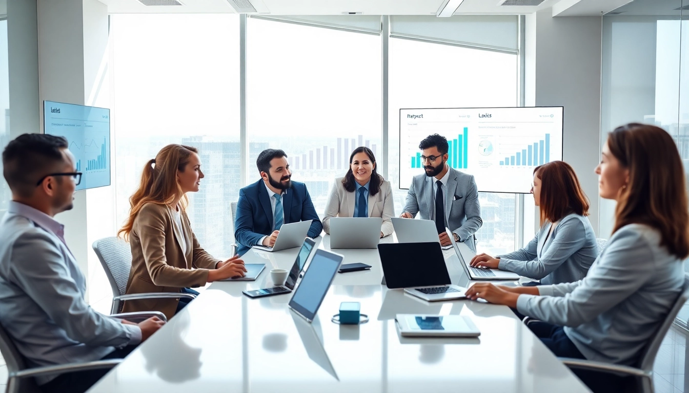 Engaged professionals discussing business technology solutions in a modern office setting.