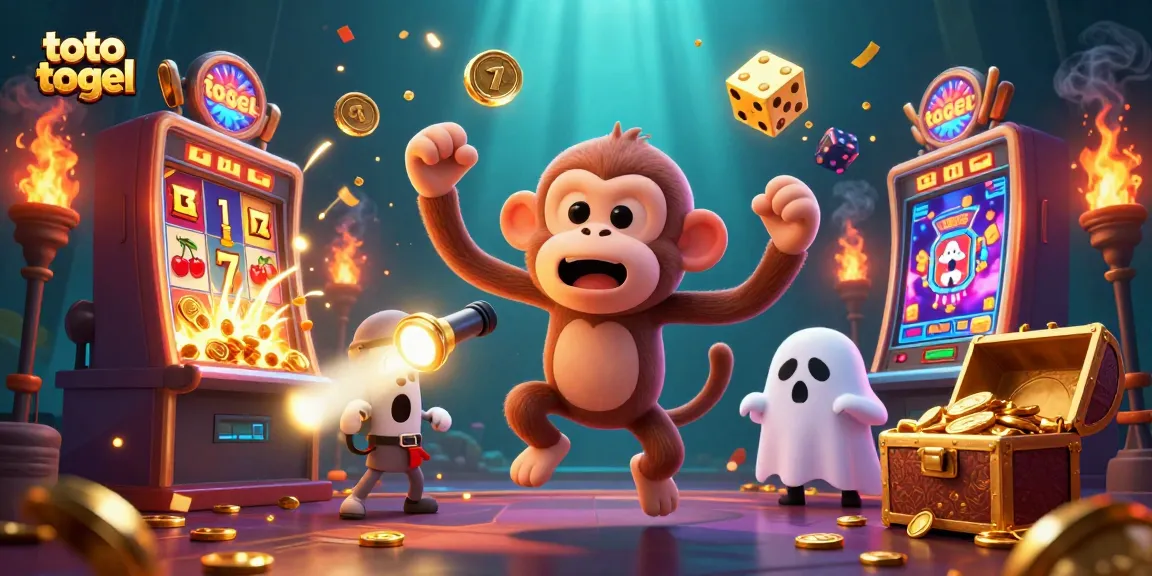 Engaging scene with a poltergeist monkey juggled gold in a casino, highlighting the allure of toto togel.