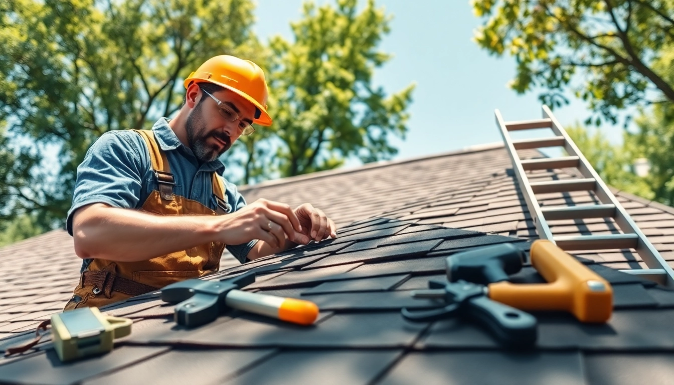Professional roofing services featuring a contractor examining a roof with tools, inspiring trust.