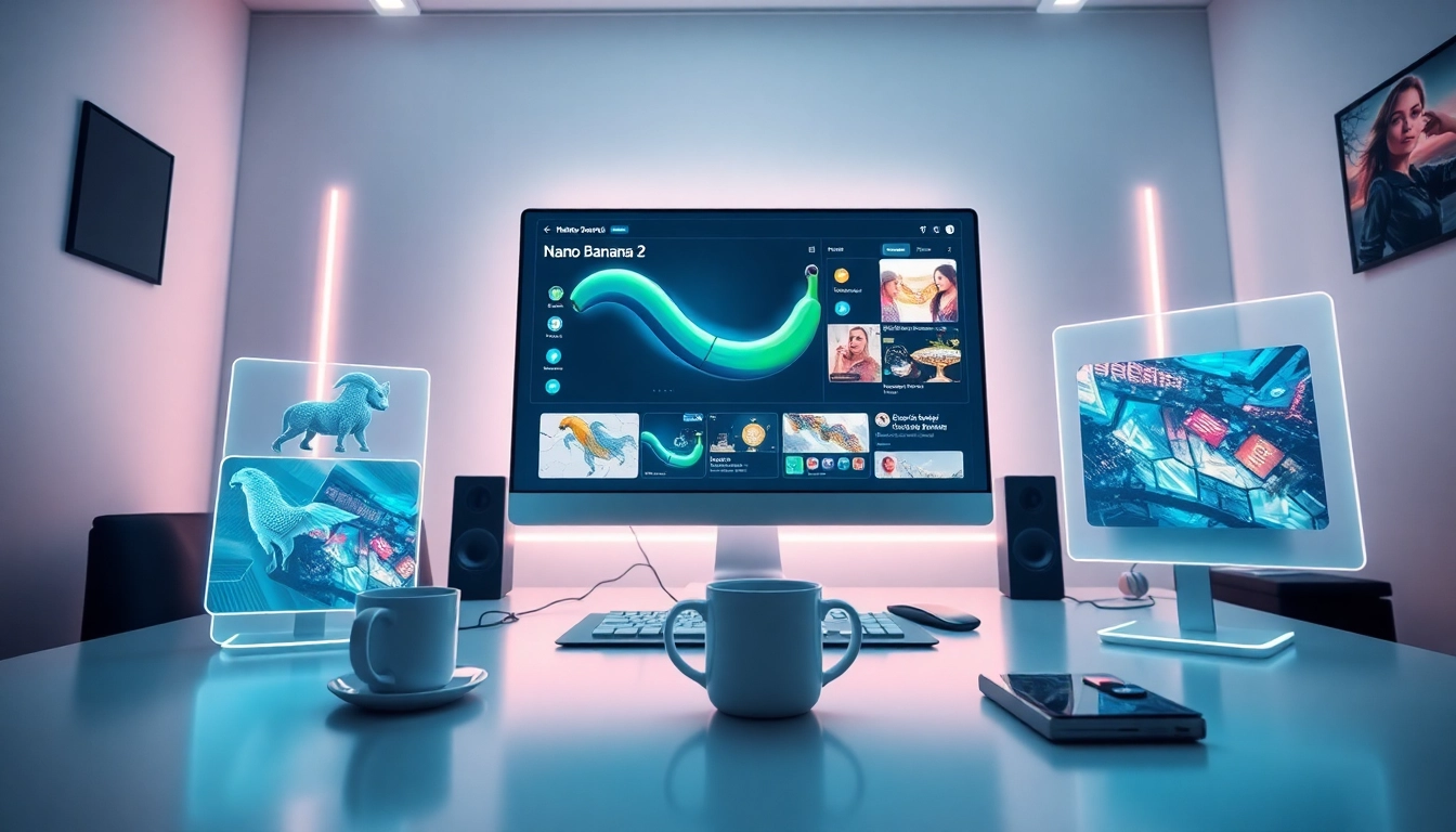 Nano Banana 2 AI interface displayed in a modern digital workspace with vibrant generated images.