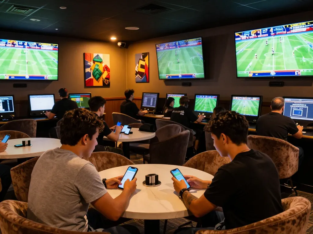 FAFA 828 sports betting enthusiasts engaged at modern lounge, placing bets and enjoying live events.