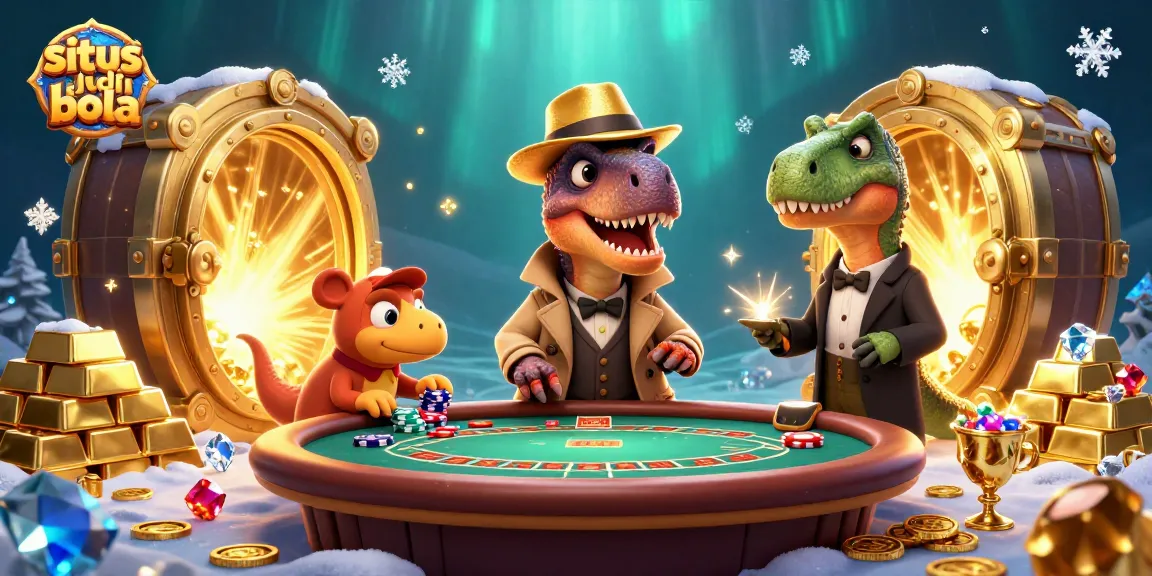 Engage with situs judi bola in a vibrant casino scene featuring unique dinosaur characters.