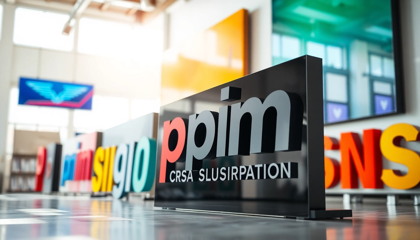 Showcase of vibrant signage designs highlighting pm signs corporation in a modern studio setting.