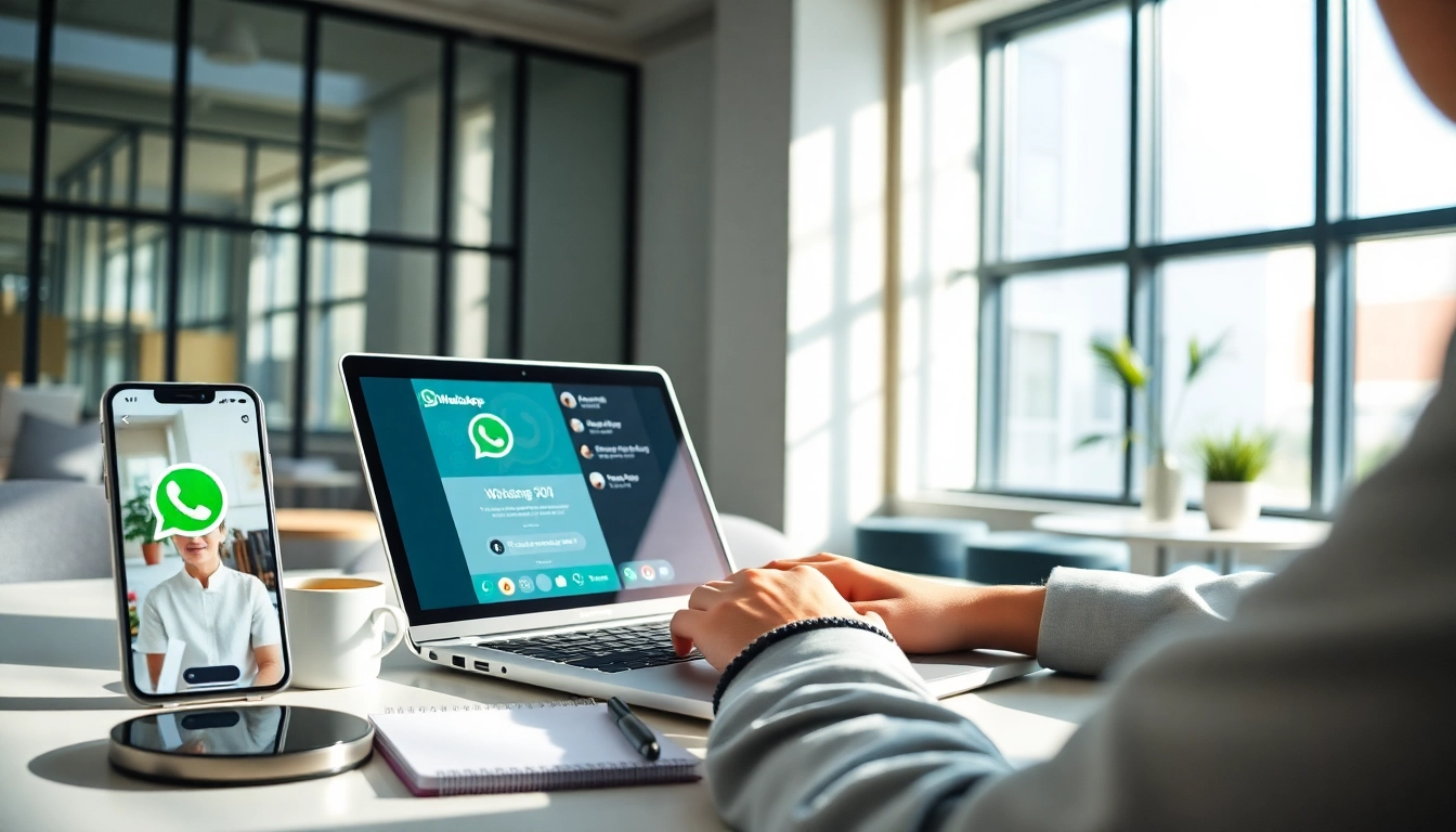 在现代办公室中使用 WhatsApp Web 的人，展示快连VPN 的安全消息传输。