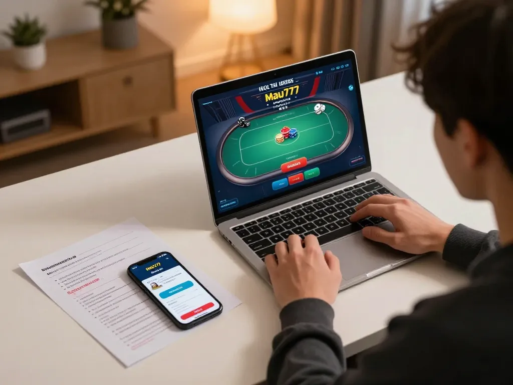 Player exploring mau777 daftar on laptop, highlighting strategic online gambling setup with betting notes.