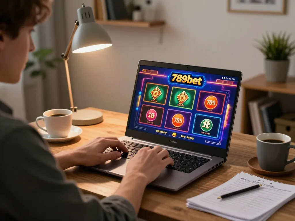 Player engaging in online gaming at 789bet from a cozy home office setting, focusing on strategy.