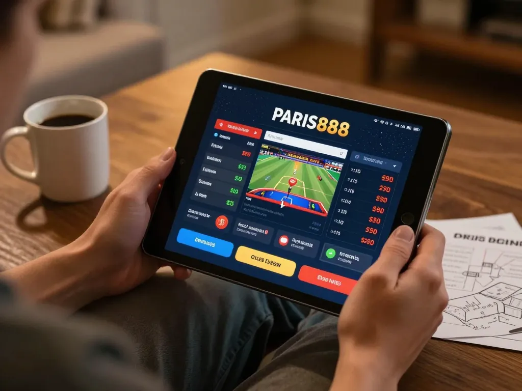 Engaging in online gambling with Paris888's platform, showcasing excitement and strategy in a cozy home setup.