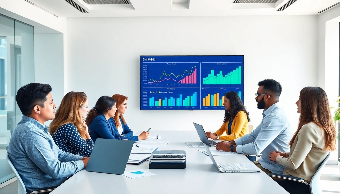 Team engaged in a Bid-No-Bid Analysis. discussion, surrounded by data visuals.