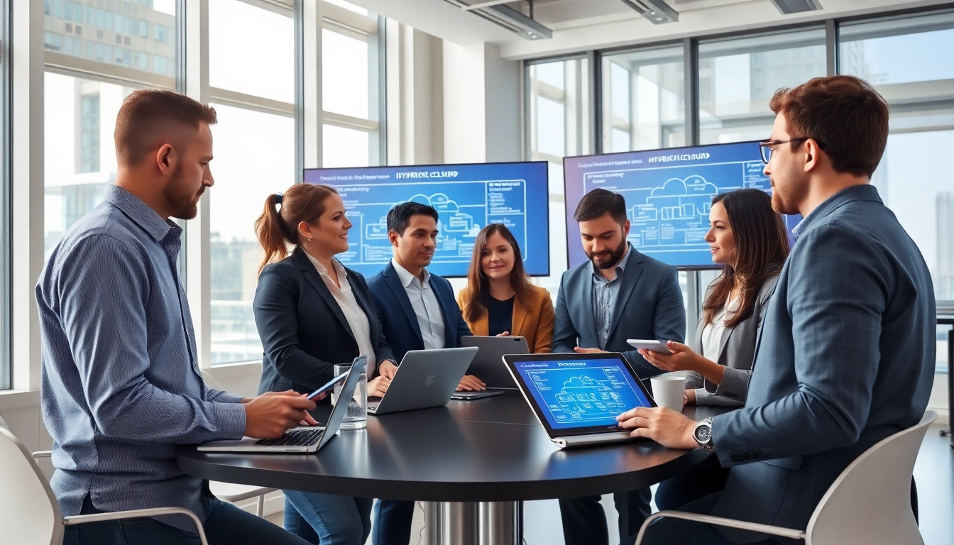 Implement effective Hybrid Cloud Solutions with a collaborative IT team in a modern workspace.