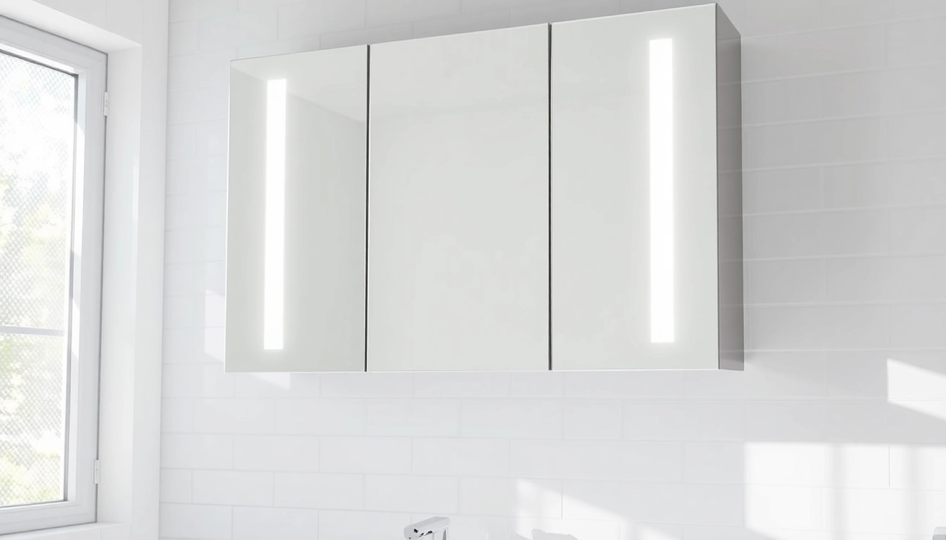 Elegant mirrored bathroom cabinet with light brightening a sleek modern bathroom.