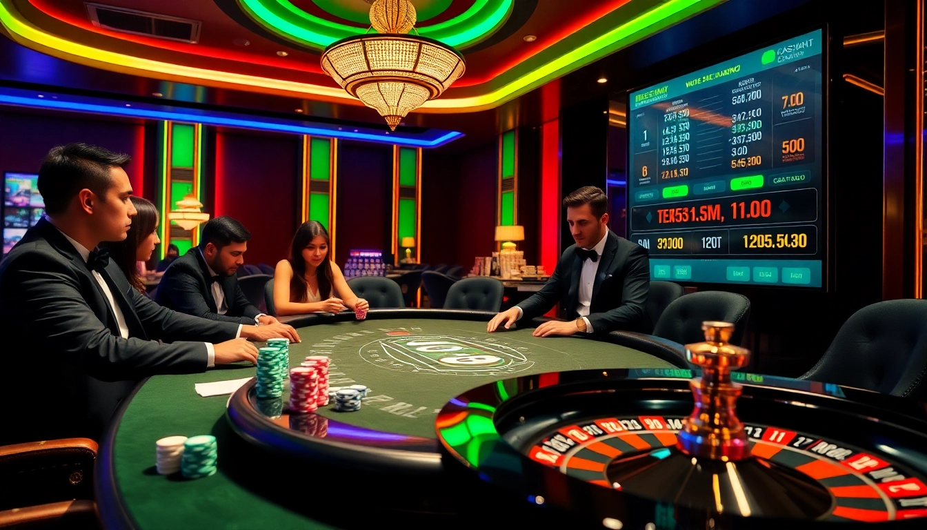 Une scène de jeu dynamique mettant en avant un casino fiable en ligne avec des tables de poker et des roues de roulette vibrantes.