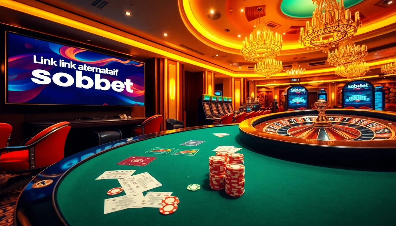 Link alternatif sbobet betting action at a luxurious casino with poker chips and roulette.