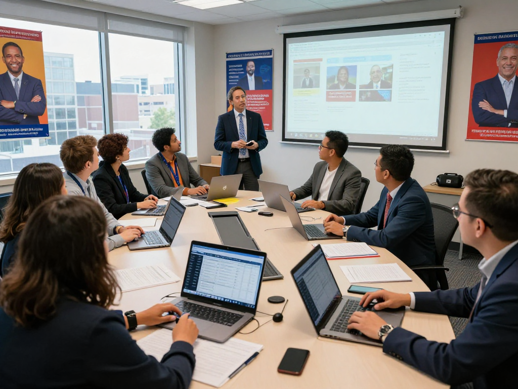 Political Facebook ads agency team collaborating on campaign strategies in a vibrant office.